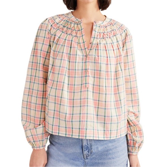 Boden Tops - Boden Smocking Detail Blouse in Soft Ivory Pink Check